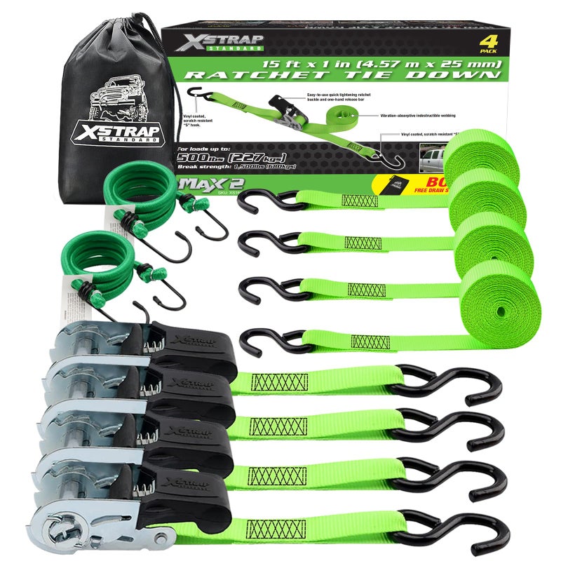 XSTRAP STANDARD Ratchet Tie Down Straps 4Pk 15Ft 1500Lb Break Strength, Cargo Straps for Moving Appliances, Lawn Equipment, Motorcycle, Includes 2 Bungee Cord - Image 1